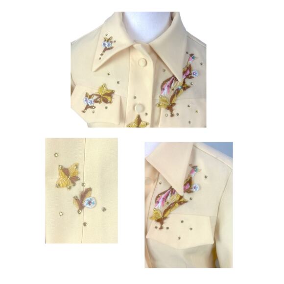 Vintage 70s Domani Western Yellow Rhinestone Peacock Flower Shirt Jacket Sz S/M - Picture 3 of 4
